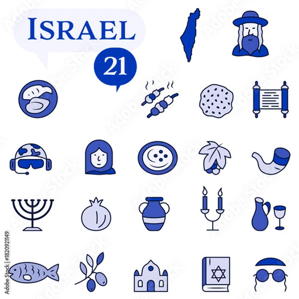 Fototapeta A set of blue and white icons dedicated to life in Israel.