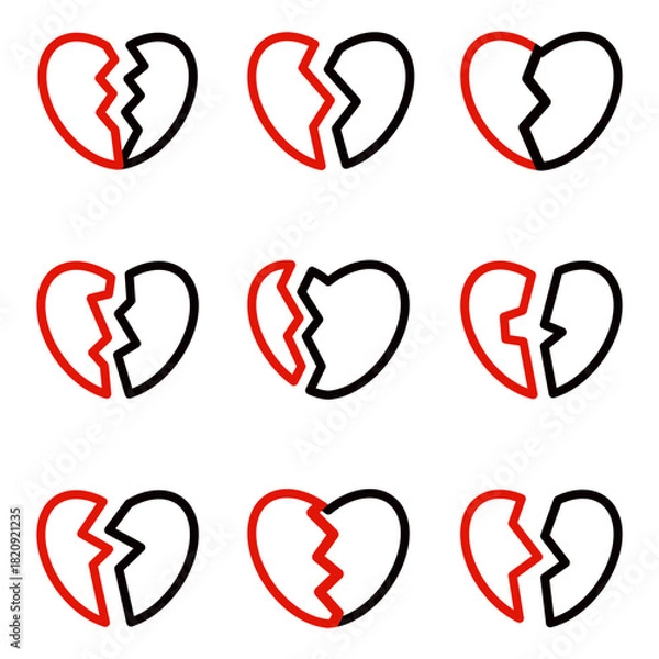 Fototapeta A broken heart made up of two halves, red and black, in outline style.