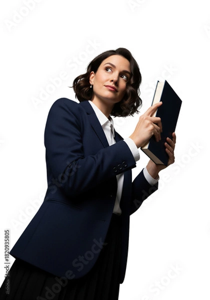 Obraz Woman in Navy Blazer Holding Book and Thinking, Isolated on Transparent Background, PNG