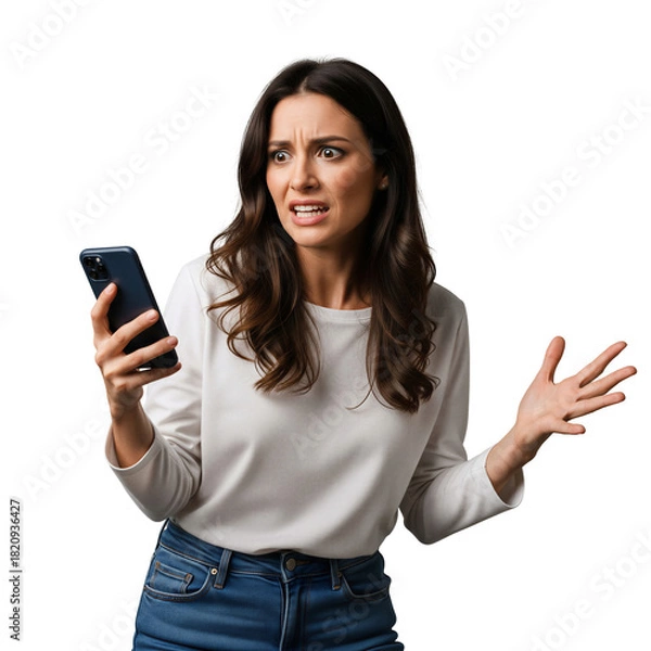 Obraz Disgusted woman with angry, confused expression looking at smartphone, gesturing in frustration, isolated on transparent background, png