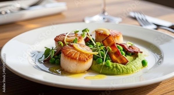 Fototapeta Seared Scallops with Bacon and Pea Puree Delicious Food Presentation Featuring Perfectly Cooked Scallops Garnished with Fresh Herbs and Crispy Bacon with Restaurant Ambiance