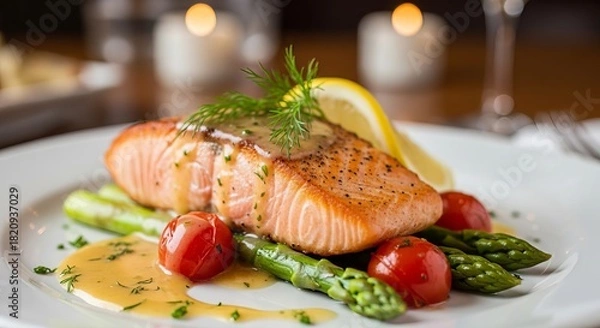 Fototapeta Perfectly seared salmon with asparagus, cherry tomatoes and lemon wedge on white plate create delicious and nutritious meal is ideal exactly two hundred characters