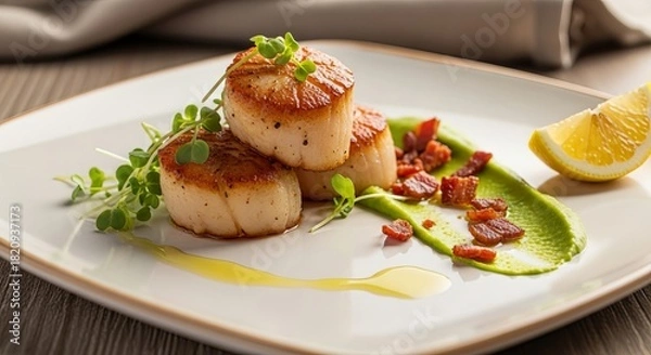 Fototapeta Seared scallops served on elegant plate with pea puree and bacon bits food photography showcasing gourmet dish fresh microgreens garnish and lemon wedge restaurant cuisine