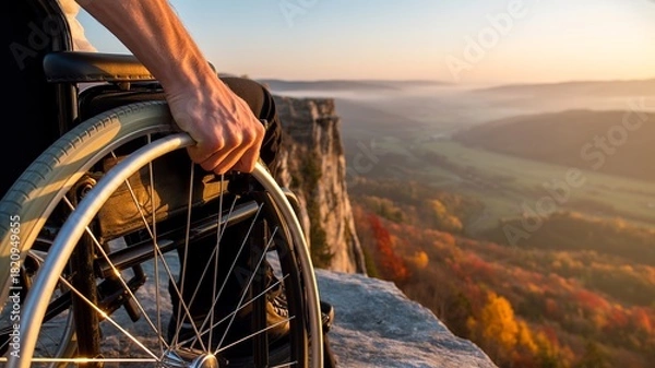Fototapeta Close-up of hand on wheelchair overlooking scenic valley and autumn landscape