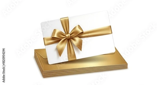 Fototapeta Golden ribbon gift card on stack of envelopes, isolated on white background