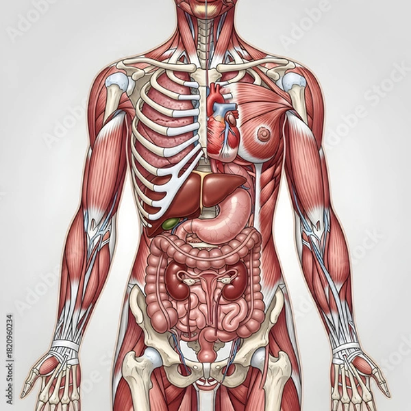 Fototapeta Human Anatomy Illustration Showing Muscles and Internal Organs