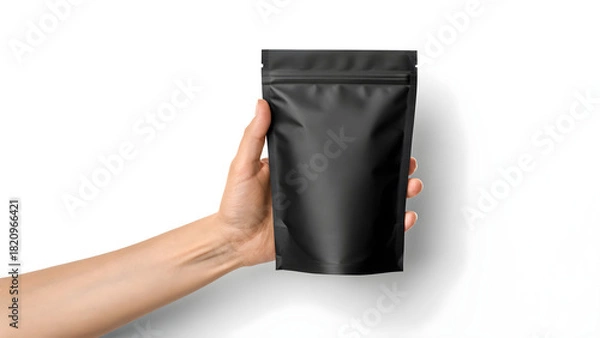 Obraz Elegant hand showcasing sleek black pouch for modern branding, ideal for food, cosmetics, or retail packaging solutions, design mockups