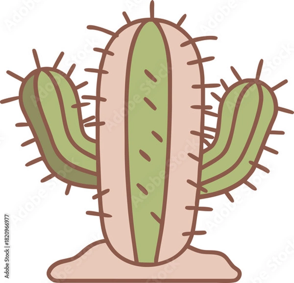 Obraz Pastel Pink and Green Cactus Illustration with Pronounced Ridges and Long Thorns, Isolated Vector for Trendy Decor and Web Design