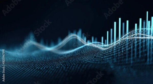 Fototapeta Abstract digital data visualization with glowing blue bars and waves.