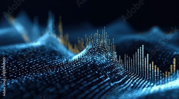 Fototapeta Abstract digital wave visualization with blue and yellow glowing dots.