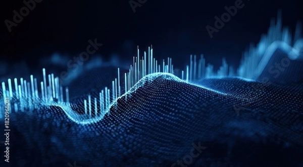 Fototapeta Abstract glowing blue digital wave surface with rising bar graph elements.