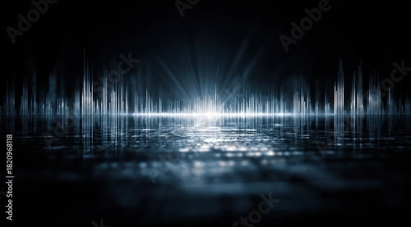 Fototapeta Abstract digital equalizer bars reflecting on a dark wet surface.
