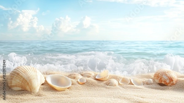 Fototapeta Seashells on sandy beach, ocean waves, sunny sky; summer vacation travel.