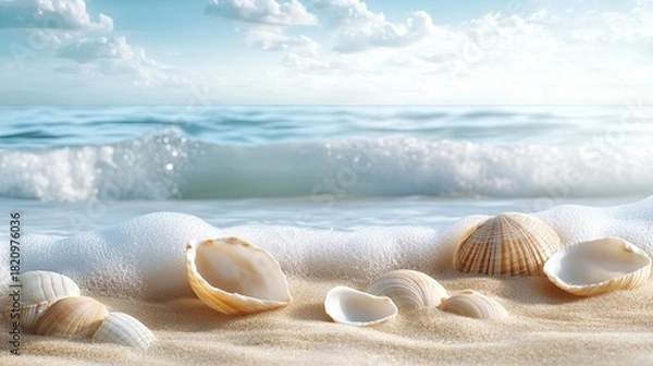 Obraz Seashells on sandy beach, ocean waves, sunny sky. Vacation postcard.