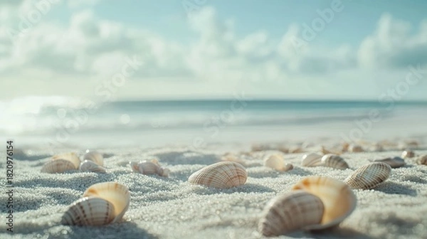 Obraz Seashells on sandy beach, ocean background, summer vacation. (1)