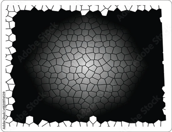 Fototapeta Abstract background featuring a stained glass or mosaic pattern with a strong radial gradient that focuses a white spotlight effect in the center, fading out to black edges. The polygonal texture.