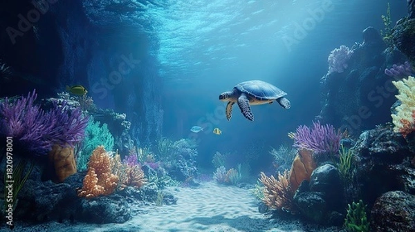Fototapeta Sea turtle swims through vibrant coral reef; ocean background, marine life, underwater scene; ideal for nature documentaries.