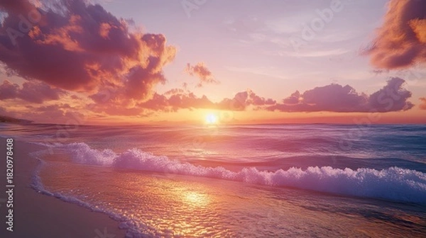 Obraz Serene sunset over ocean beach; tranquil waves. Use travel brochure.