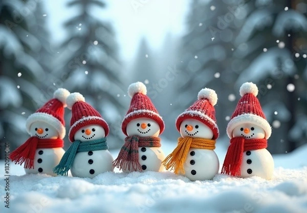 Fototapeta Five snowmen in striped knit hats and colorful scarves stand in falling snow before a blurred pine forest backdrop.