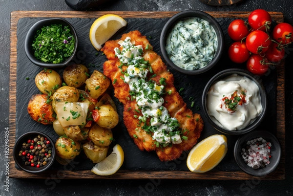 Obraz Crispy schnitzel with roasted potatoes and sauces