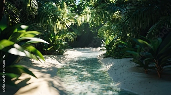 Fototapeta Lush Tropical Stream Path Sunlight filters through dense jungle foliage, illuminating a sandy stream path. Ideal for travel brochures or nature documentaries.