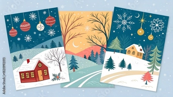 Obraz -capped mountains, evergreen trees, a deer, and delicate snowflakes, adorned with string lights and hanging star decorations. The New Year card showcases a similar winter scene w