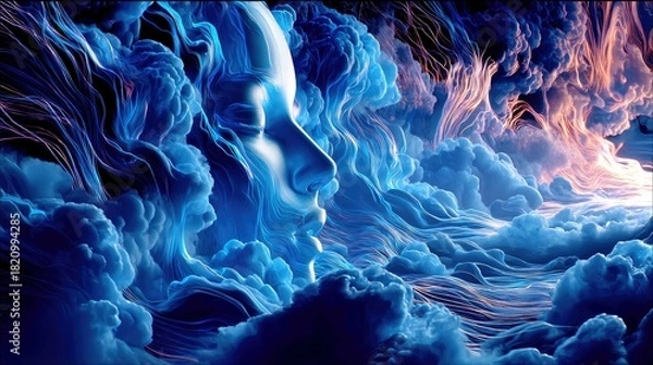 Obraz A profile view of a human face, rendered in a luminous, ethereal style, emerges from a turbulent, dreamlike environment of swirling blue clouds and wisps of lig