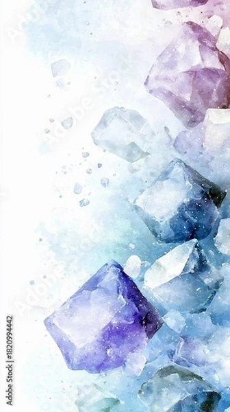 Obraz Abstract watercolor painting of various sized crystals in shades of purple and blue, with scattered smaller fragments and paint splatters against a white backgr
