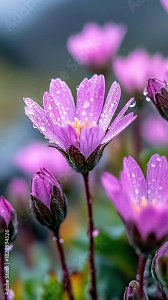 Obraz Close-up of delicate purple flowers covered in glistening water droplets, with soft bokeh background.