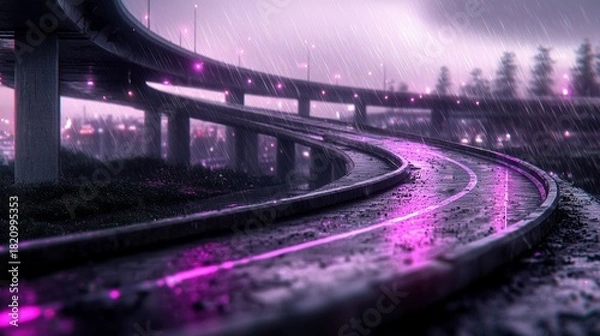 Obraz A multi-level highway overpass curves through a city at night, illuminated by glowing pink neon lights and falling rain.