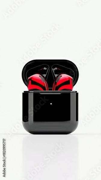Obraz A pair of red and black wireless earbuds sit open inside their black charging case, presented against a clean white background with soft studio lighting.