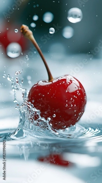 Obraz A single, ripe red cherry with a stem splashes into clear water, creating dynamic ripples and droplets. Macro shot with bright, clean lighting.