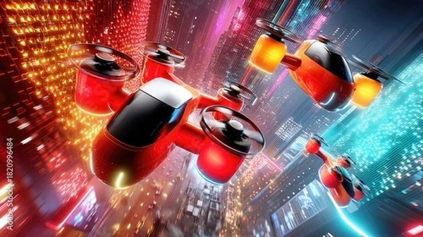 Obraz A fleet of red and orange drones navigates a vibrant, neon-lit futuristic cityscape at night, with blurred lights suggesting rapid movement.