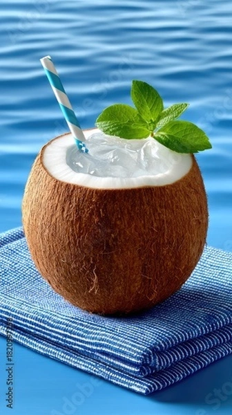Obraz A whole coconut filled with ice and a refreshing drink, garnished with mint leaves and a striped straw. Served on a blue striped cloth against a blurred blue wa