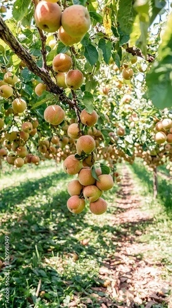 Obraz A close-up view of ripe apples hanging from a tree branch in an orchard. The background shows rows of apple trees with dappled sunlight on the ground.