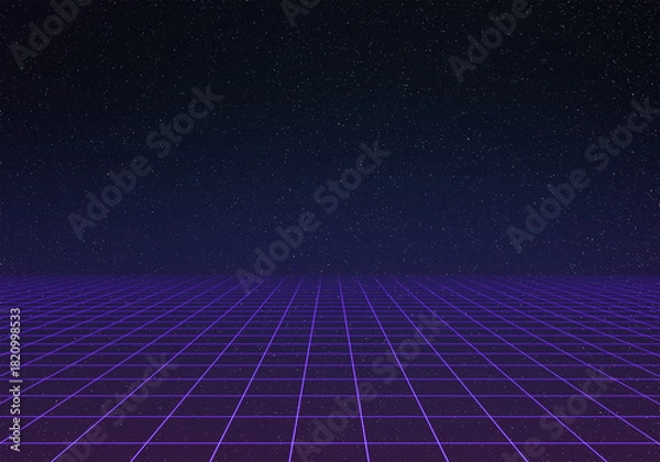 Obraz Ultraviolet light synthwave laser grid with space in background