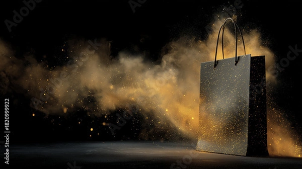 Fototapeta Elegant shopping bag shimmers with golden particles against dark backdrop, creating sense of luxury and exclusivity. Shopping bag is focal point of promotion and conveys feelings of opulence, luxury,
