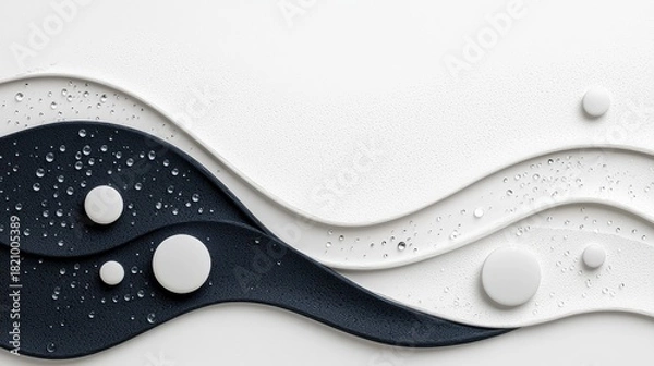 Fototapeta An abstract composition featuring dark blue and white wavy layers resembling a Yin Yang symbol, adorned with water droplets and small white circles against a te