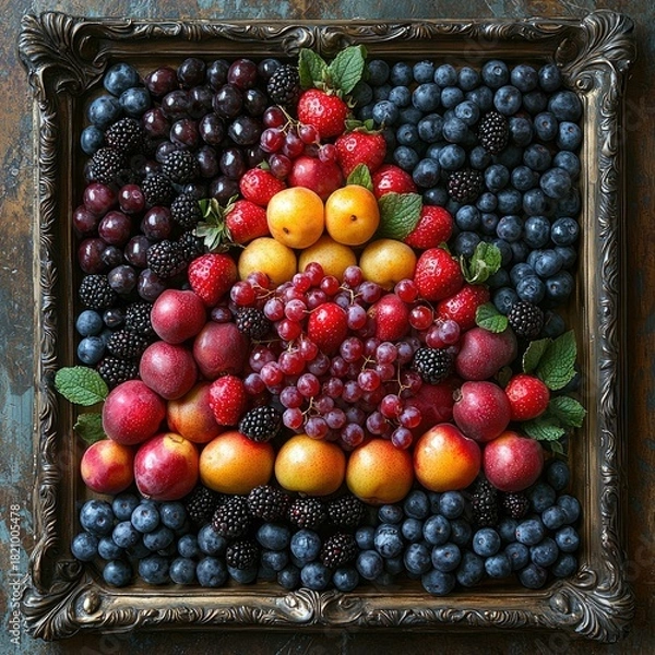 Fototapeta A vibrant, top-down view of a meticulously arranged assortment of fresh fruits, including blueberries, blackberries, grapes, strawberries, plums, and apricots,