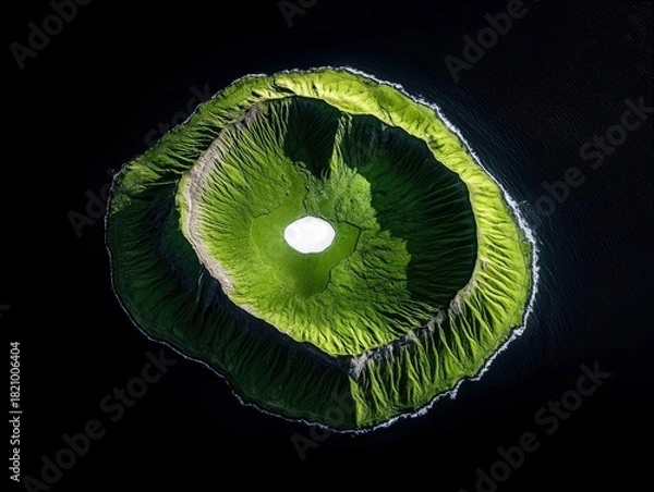 Fototapeta An aerial view captures a vibrant green island, shaped like a volcanic crater, with a bright white lake at its center. The island is surrounded by deep, dark wa