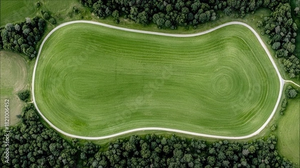 Fototapeta An aerial drone shot captures a vibrant green meadow with a white path winding through it. The field is bordered by a dense forest of dark green trees. The ligh