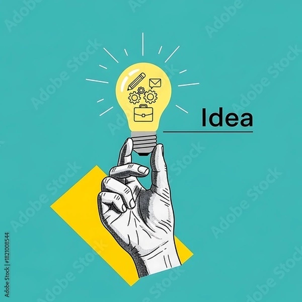 Fototapeta Creative Business Idea Conceptual Illustration Featuring a Hand Holding a Glowing Lightbulb Filled with Pencil Gears Briefcase and Mail Icons Against a Vibrant Teal Background