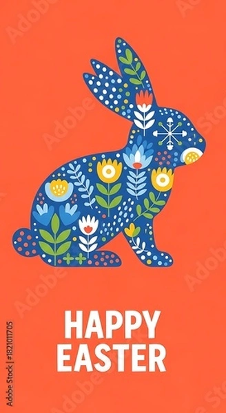 Fototapeta Happy Easter Greeting Card Design Featuring a Stylized Folk Art Bunny Rabbit Illustration on a Bright Orange Background with Vibrant Floral Patterns and Decorative Elements for Spring Celebr