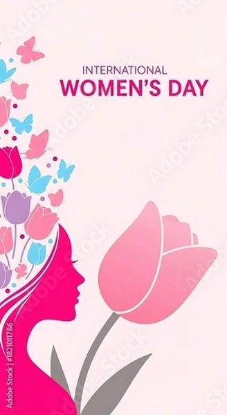 Fototapeta International Womens Day Celebration Banner Design Featuring a Powerful Female Silhouette Profile and Large Pink Tulip Flower with Cascading Butterflies and Spring Blooms Vector Illustration