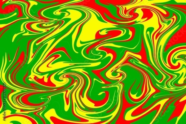 Fototapeta A psychedelic swirl pattern in bright yellow, red, and green, featuring flowing liquid shapes that create an energetic, bold abstract design.