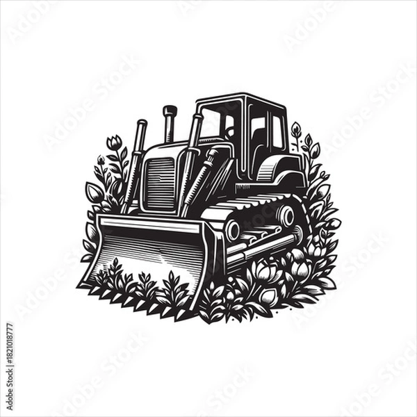 Obraz Vector Logo Illustration of a Bulldozer in Nature Surrounded by Plants