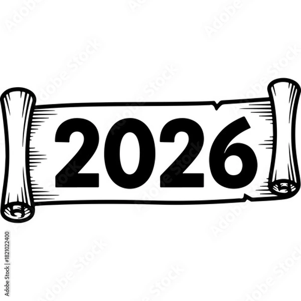 Fototapeta Vintage Woodcut Style 2026 Vector on Ancient Scroll Banner, New Year Celebration Design Element