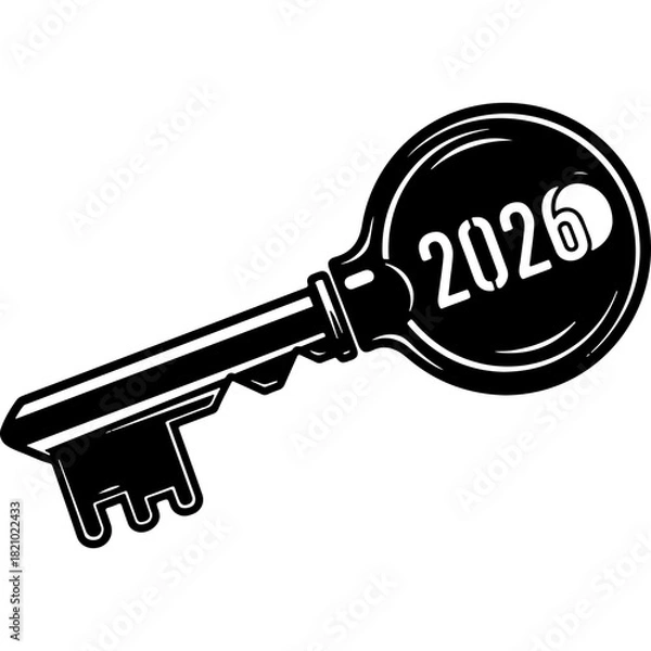 Fototapeta Woodcut Style Vector Key Icon with Year 2026, Symbolizing New Year, Future Opportunity, and Success