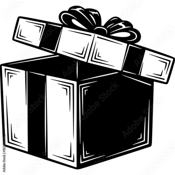 Fototapeta Woodcut style vector illustration of an open gift box with ribbon, ideal for New Year 2026 celebrations and festive designs.