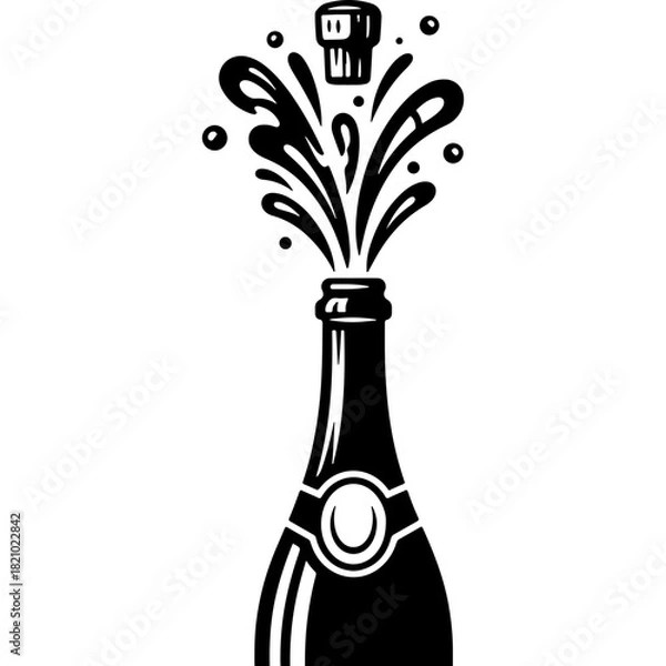 Fototapeta Woodcut Style Vector Art: Festive Champagne Bottle Popping with Cork and Splashes for New Year 2026 Celebration